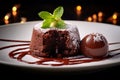 Chocolate fondant cake with a ball of ice cream poured with chocolate and decorated with a mint leaf