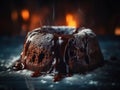 Chocolate fondant cake with melted chocolate on a dark background.