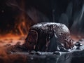 Chocolate fondant cake with melted chocolate on a dark background.