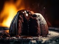 Chocolate fondant cake with melted chocolate on a dark background.