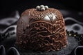 chocolate fondant cake with the most delicate and intricate icing decoration