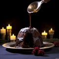 Chocolate fondant cake with red berries and chocolate syrup