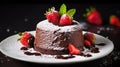 Chocolate fondant (cupcake) with strawberries and powdered sugar. Generative AI Royalty Free Stock Photo