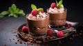 Chocolate fondant (cupcake) with strawberries and powdered sugar. Generative AI Royalty Free Stock Photo