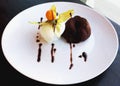 Chocolate fondant with ice cream and physalis on a plate