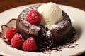 a chocolate fondant with ice cream and raspberries