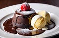 Chocolate fondant with ice cream on a white plate