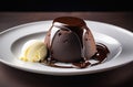 Chocolate fondant with ice cream on a white plate