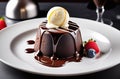 Chocolate fondant with ice cream on a white plate