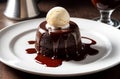 Chocolate fondant with ice cream on a white plate