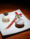 Chocolate fondant lava cake with vanilla ice cream, creamy sauce Royalty Free Stock Photo