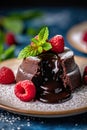 a chocolate fondant with raspberries and mint on a plate