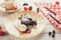 Chocolate fondant with vanilla ice cream and strawberry Royalty Free Stock Photo