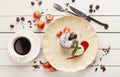 Chocolate fondant with vanilla ice cream and strawberry Royalty Free Stock Photo