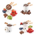 Chocolate fondue and berries isolated on white, collage Royalty Free Stock Photo