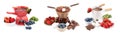 Chocolate fondue, marshmallow and berries isolated on white, collage Royalty Free Stock Photo