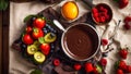 Chocolate fondue with various yummy appetizing flavor product gourmet delicious snack Royalty Free Stock Photo