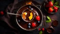 Chocolate fondue with various fresh table flavor product gourmet delicious snack Royalty Free Stock Photo