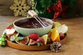 Chocolate fondue with various fruits - delicious dessert Royalty Free Stock Photo