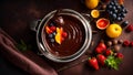 Chocolate fondue with various yummy table flavor product gourmet delicious snack Royalty Free Stock Photo