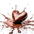 Chocolate in the form of heart. Melted liquid chocolate syrup on white background.Ai generated.