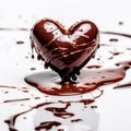 Chocolate in the form of heart. Melted liquid chocolate syrup on white background.Ai generated.