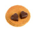 Chocolate in the form of hearts on Belgian waffles solated on a white Royalty Free Stock Photo