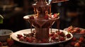 A chocolate fountain along which flowing chocolate flows