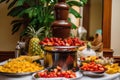 chocolate fountain with fresh fruit and pastries on side