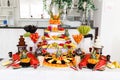 Chocolate Fountain And Fruits For Dessert At Wedding Table Royalty Free Stock Photo