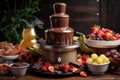 chocolate fountain with melted chocolate and warm gooey goodness, surrounded by fresh fruit