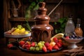 chocolate fountain with melted chocolate and warm gooey goodness, surrounded by fresh fruit