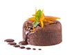 Chocolate fountain, orange cupcake. Photo of food on a white background