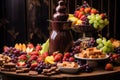 chocolate fountain surrounded by fresh fruits Royalty Free Stock Photo
