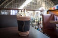 Chocolate frappe with whipped cream.