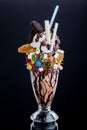 Chocolate freak shakes in a beautiful glass isolated on black background. Close-up. Space for text