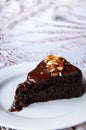 Chocolate fudge cake with almond and sugar glass