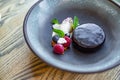 Chocolate fudge mousse cake with ice cream,berries Royalty Free Stock Photo