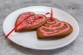 Chocolate gingerbread cookies heart shaped with red and pink icing on white plate Royalty Free Stock Photo