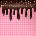 chocolate glaze on pink waffle background