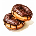 Chocolate Glazed Doughnuts In Watercolor Style Top View Illustration