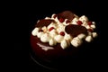 Chocolate glazed round eclipse cake with white chocolate cream, cranberries and chocolate decorations Royalty Free Stock Photo