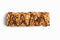 Chocolate granola bar isolated on white background. Healthy sweet dessert snack. Cereal granola bar with nuts, chocolate and Royalty Free Stock Photo