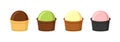 Chocolate, green pistachio, vanilla and pink berry ice cream balls in yellow, brown and black waffle cups Royalty Free Stock Photo