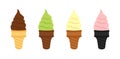 Chocolate, green pistachio, vanilla and pink berry ice cream in yellow, brown and black waffle cones Royalty Free Stock Photo