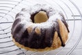 Chocolate gugelhupf on a baking rack