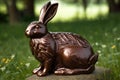 Chocolate Hare On Grass Background. Generative AI