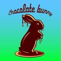 Chocolate hare melted with chocolate droplets, cartoon on blue-green gradient background,