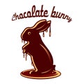 Chocolate hare melted with chocolate droplets, cartoon on white
