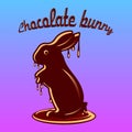 Chocolate hare, melted with chocolate droplets, cartoon on a blu